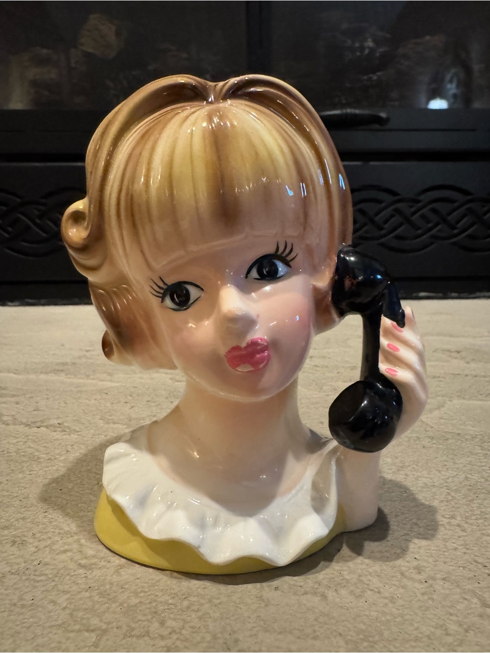 Mid-Century Girl Head Vase with Phone - Blonde, Yellow